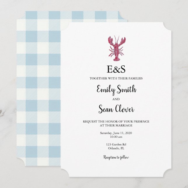 Invitation Monogramme de mariage nautique au homard Gingham b (Devant / Derrière)