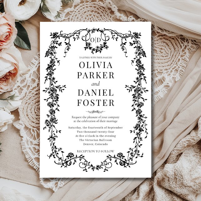 Invitation Monogramme de mariage orné noir victorien français (Créateur téléchargé)
