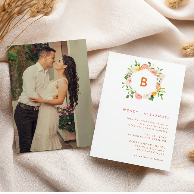 Invitation Monogramme de mariage photo aquarelle Citrus (Créateur téléchargé)