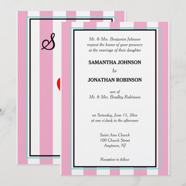 Invitation Monogramme de mariage rayures rose blanc bleu (Devant / Derrière)