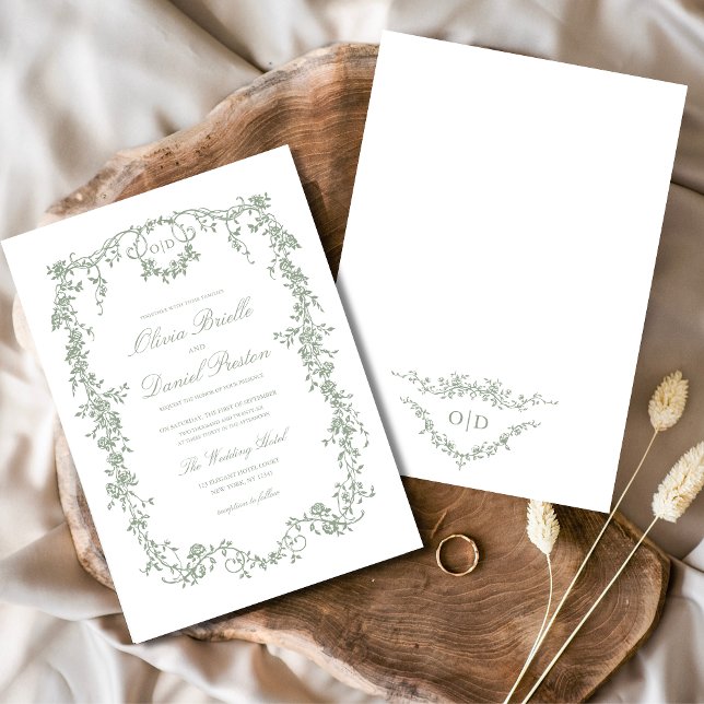 Invitation Monogramme de Mariage végétal de Sage victorien (Créateur téléchargé)