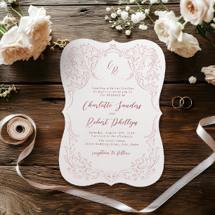 Invitation Monogramme de mariage vintage esquissé rose