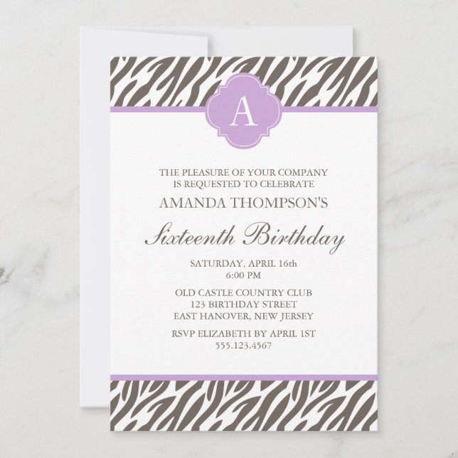 Invitation Monogramme de motif zèbre Brown et lavande (Devant)