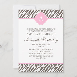Invitation Monogramme de motif zèbre Brown et rose