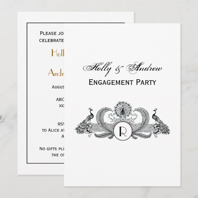 Invitation Monogramme de paons vintage (Devant / Derrière)