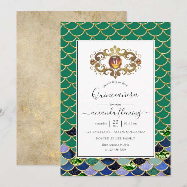 Invitation Monogramme de pierre précieuse de sirène sarcelle  (Devant / Derrière)