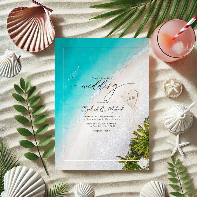 Invitation Monogramme de plage tropicale Photo Mariage et cod (Tropical Beach Monogram Wedding Photo and QR Code Invitation)