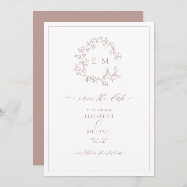 Invitation Monogramme de poitrine feuilletée Rose Dusty Enreg (Devant / Derrière)