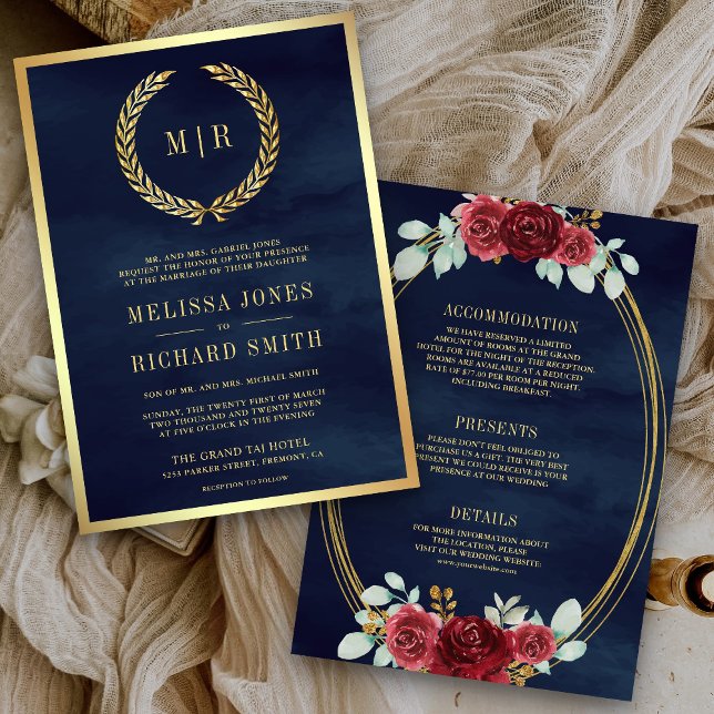 Invitation Monogramme de roses rouges tout en un Mariage bleu (Créateur téléchargé)