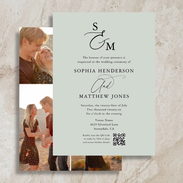 Invitation Monogramme de script élégant 4 Photo Mariage (Créateur téléchargé)
