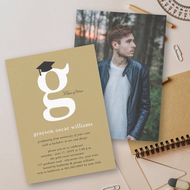 Invitation Monogramme de signature 'G' Diplômé de la promotio (Classic Monogram Alphabet 'g' Photo Simple Graduation Party Invitation @ zazzle.com/color_therapy)