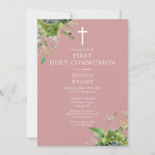 Invitation Monogramme de verdure de rose poussiéreuse Premièr