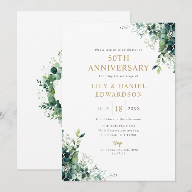 Invitation Monogramme de verdure florale 50e anniversaire de  (Devant / Derrière)