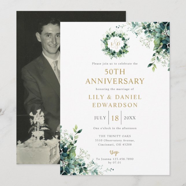 Invitation Monogramme de verdure florale 50e anniversaire de  (Devant / Derrière)