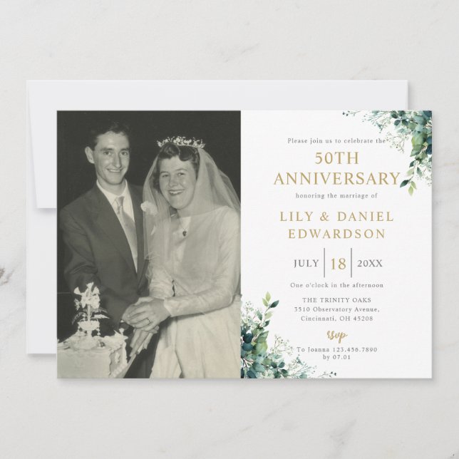Invitation Monogramme de verdure Photo 50e anniversaire de ma (Devant)