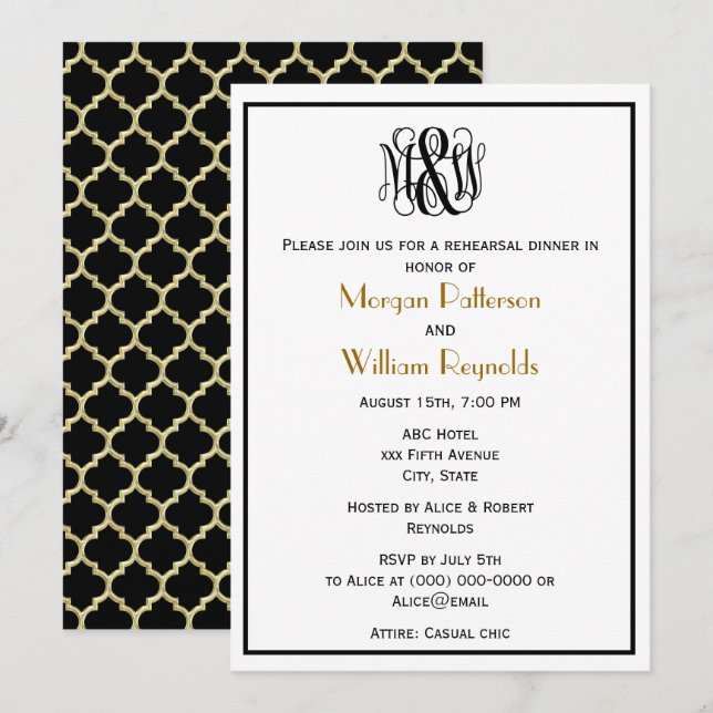 Invitation Monogramme de vigne noire do-it-yourself BG Répéti (Devant / Derrière)