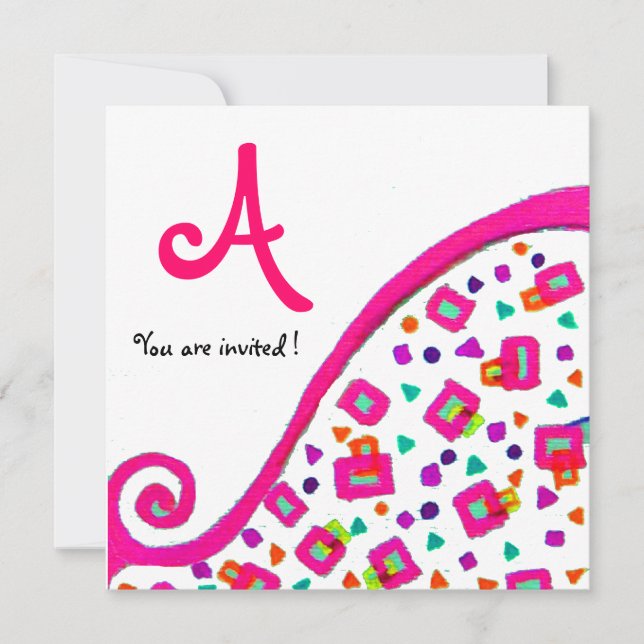 INVITATION MONOGRAMME DÉCO ABSTRAIT BLANC FUCHSIA ROSE (Devant)