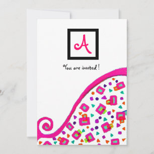 INVITATION MONOGRAMME DÉCO ABSTRAIT BLANC FUCHSIA ROSE