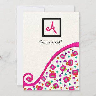 INVITATION MONOGRAMME DÉCO ABSTRAIT BLANC FUCHSIA ROSE