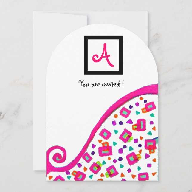 INVITATION MONOGRAMME DÉCO ABSTRAIT BLANC FUCHSIA ROSE (Devant)