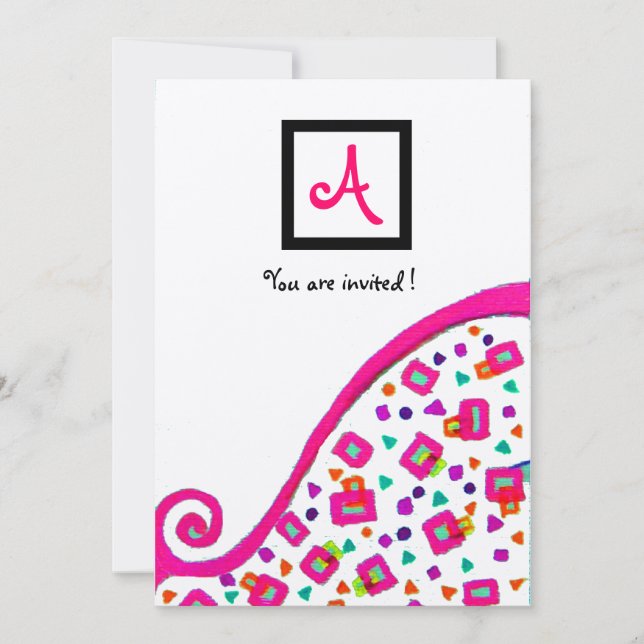 INVITATION MONOGRAMME DÉCO CARRE ABSTRAIT ARGENT FUCHSIA ROSE (Devant)