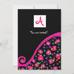Invitation MONOGRAMME DÉCO, noir , rose violet blanc
