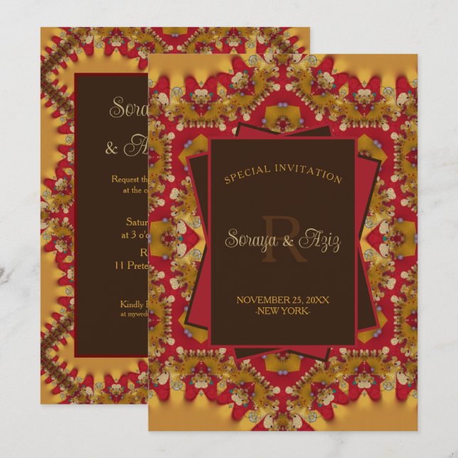 Invitation Monogramme Dentelle Satin Doré Rouge Est pour Evén (Devant / Derrière)