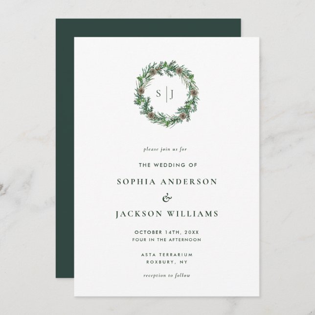 Invitation Monogramme d'hiver minimaliste Mariage de couronne (Devant / Derrière)
