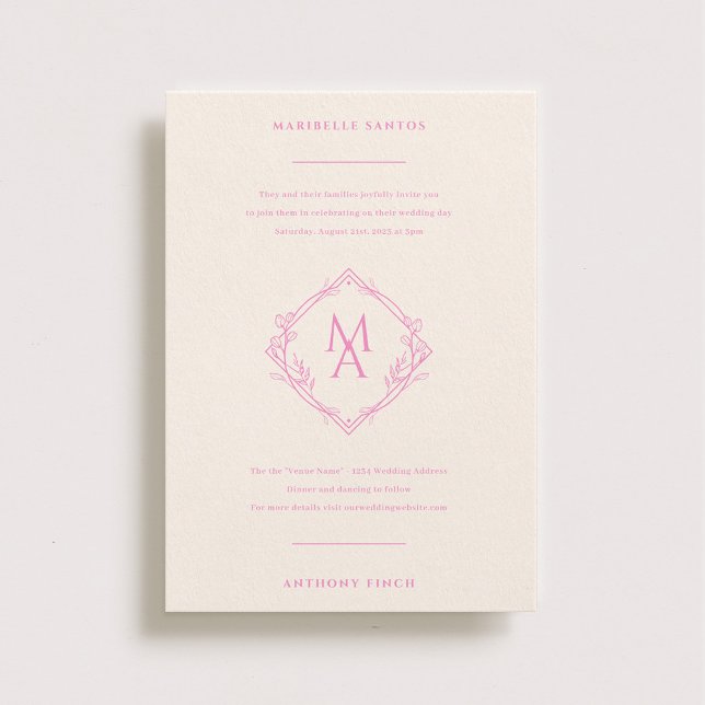 Invitation Monogramme diamant avec fleurs en Mariage rose (Créateur téléchargé)