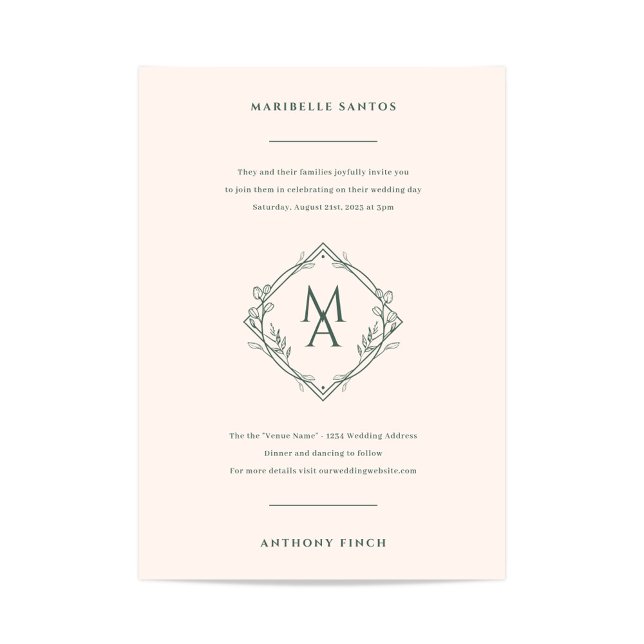 Invitation Monogramme Diamant Avec Fleurs Mariage À feuillage (Diamond Monogram Wedding Invitation in Sage Green and Ivory)