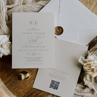 Invitation Monogramme d'ivoire d'or romantique QR Code Mariag