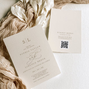 Invitation Monogramme d'ivoire d'or romantique QR Code RSVP M