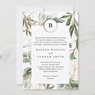 Invitation Monogramme d'or Botanique Eucalyptus Moss Mariage