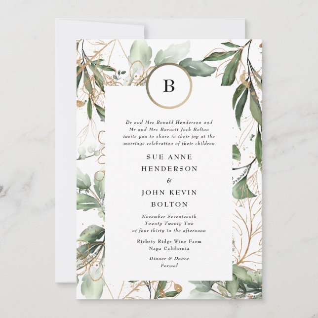 Invitation Monogramme d'or Botanique Eucalyptus Verdure Moss (Devant)