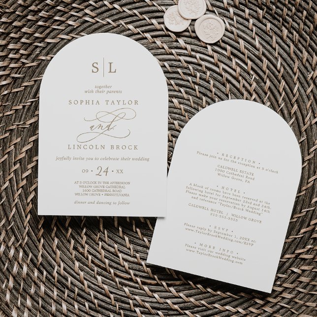 Invitation Monogramme d'or romantique Mariage d'arche double  (Romantic Gold Monogram Double Sided Arch Wedding Invitation)