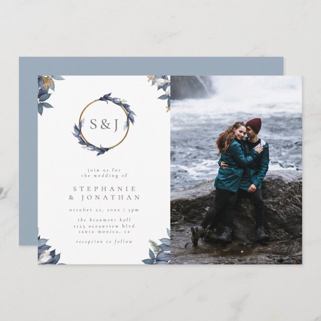 Invitation Monogramme d'or rond et photo Mariage de Feuilles  (Devant / Derrière)