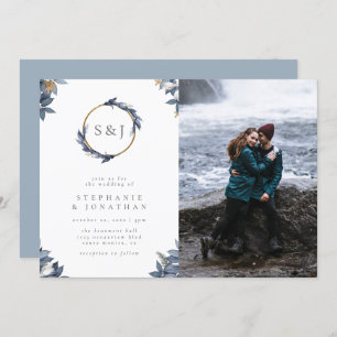 Invitation Monogramme d'or rond et photo Mariage de Feuilles