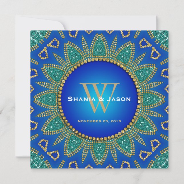 Invitation Monogramme d'or Turquoise égyptien Sun Sparkle (Devant)