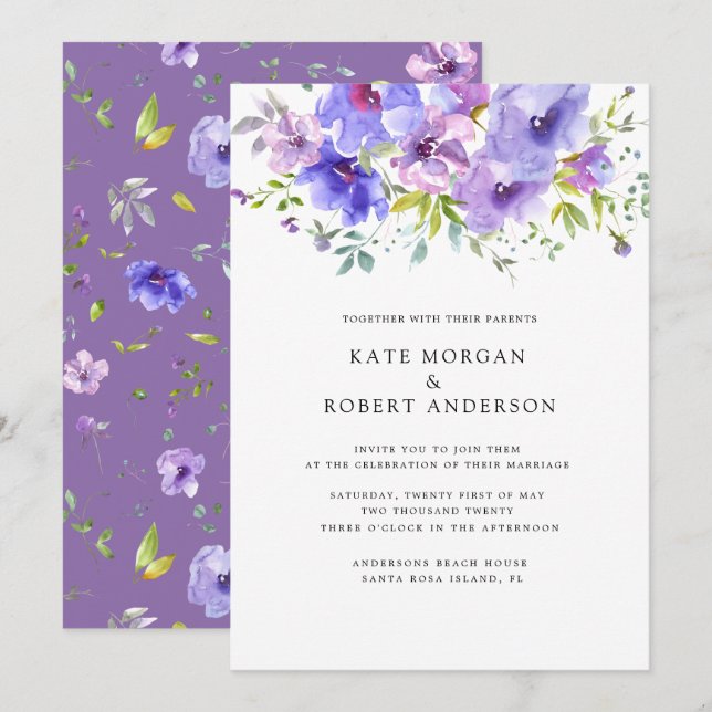 Invitation monogramme double aquarelle jardin violet (Devant / Derrière)