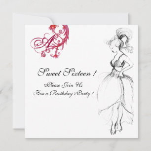 Invitation MONOGRAMME DU PARTI sweet sixteen, rouge noir et b