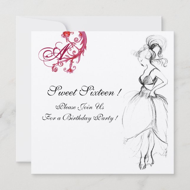 Invitation MONOGRAMME DU PARTI sweet sixteen, rouge noir et o (Devant)