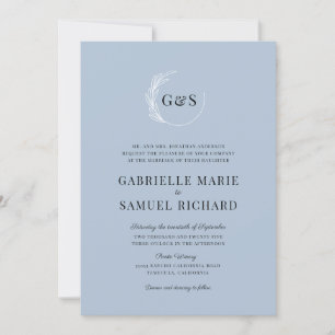 Invitation Monogramme Dusty Blue Leaf Wreath Minimal Mariage