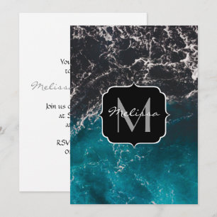 Invitation Monogramme eau de mer ombrée bleue noire ondulée m