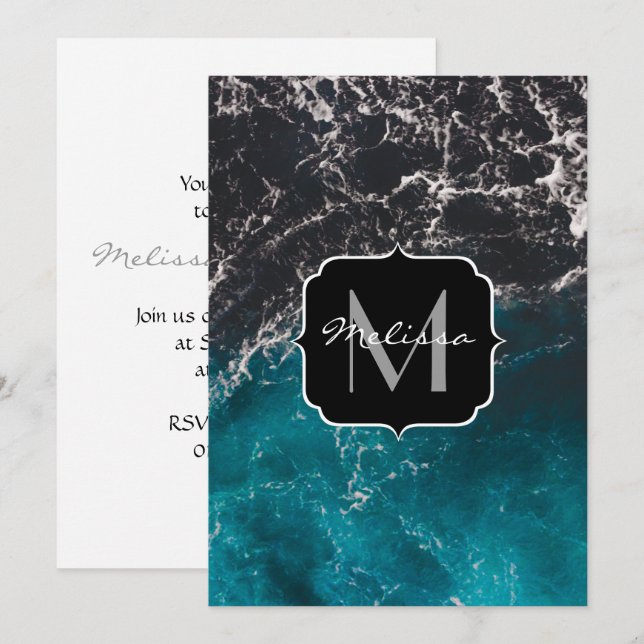 Invitation Monogramme eau de mer ombrée bleue noire ondulée m (Devant / Derrière)