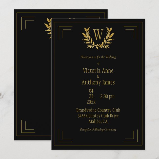 Invitation Monogramme Elegant Black Gold Leaf Mariage (Devant / Derrière)
