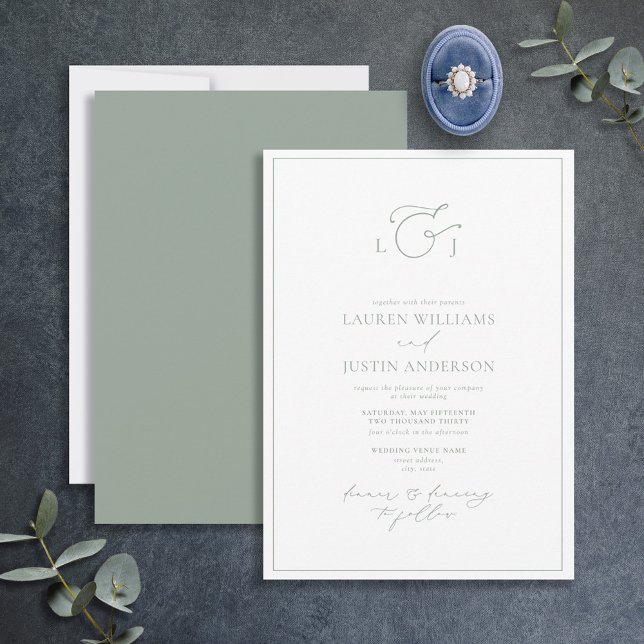 Invitation Monogramme élégant de calligraphie vert sauge pour (Créateur téléchargé)