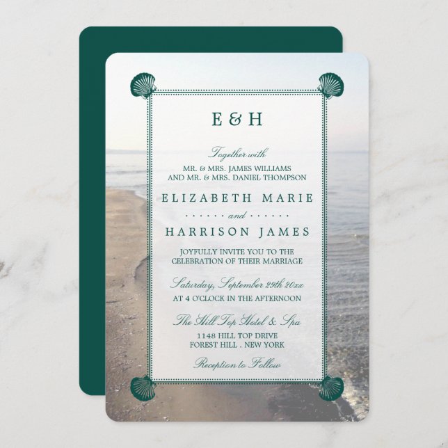 Invitation Monogramme élégant et mariage Turquoise sur la pla (Devant / Derrière)