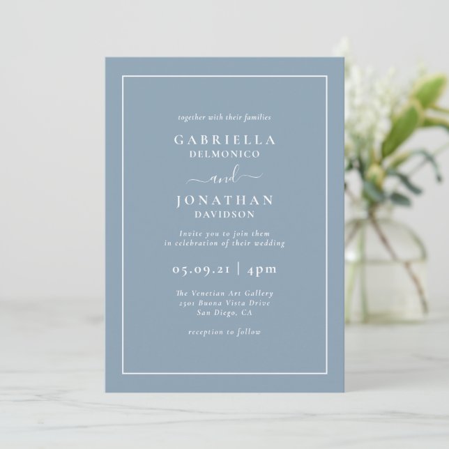 Invitation Monogramme élégant moderne Dusty Mariage bleu (Debout devant)