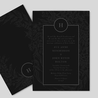 Invitation Monogramme élégant noir dramatique couronne floral