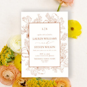 Invitation Monogramme Elegant Orange Floral Line Art Mariage